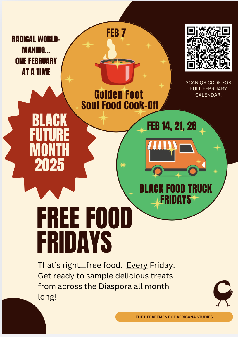 Poster for Free Black Food Truck Fridays: Feb. 7 is Golden Foot Soul Food Cook-off, Feb. 14, 21, 28 are Black Food Truck Fridays. 