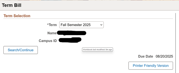 Dipicts how you can toggle between terms from the bill page and see the due date for the earliest charges on the account. It also shows that there is a printer friendly version button. 