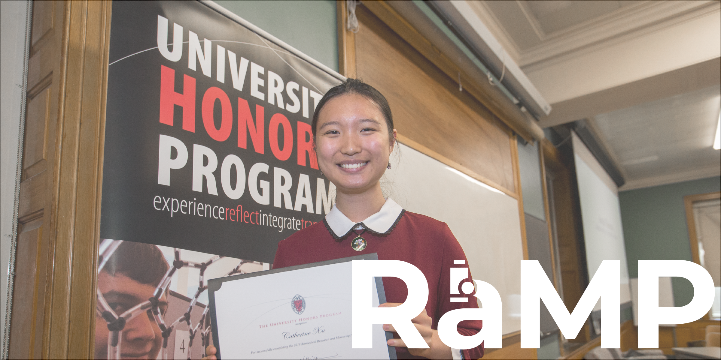 RaMP logo over an image of a female student holding her certificate of completion