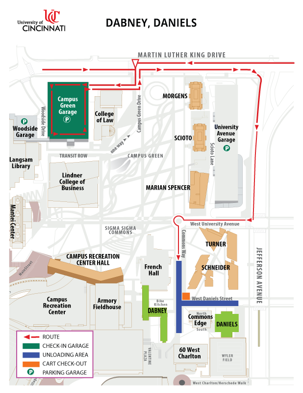 Map showing check in and unloading for Dabney, Daniels. Contact Housing 513-556-6461 for directions
