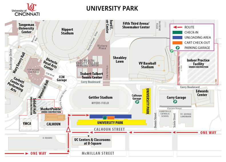 Map showing check in and unloading for University Park Apartments. Contact Housing 513-556-6461 for directions 