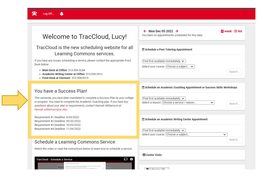 Screenshot of TracCloud dashboard with a highlight and arrow pointing to the middle left of the website which is where the Success Plan is located on the page