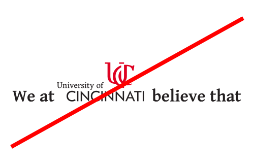 A crossed out University of Cincinnati logo incorrectly included within a line of text