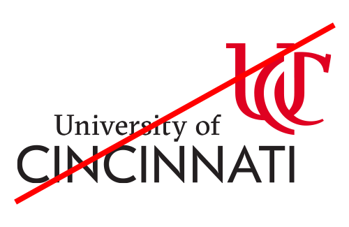 Crossed out University of Cincinnati logo with symbol shifted incorrectly