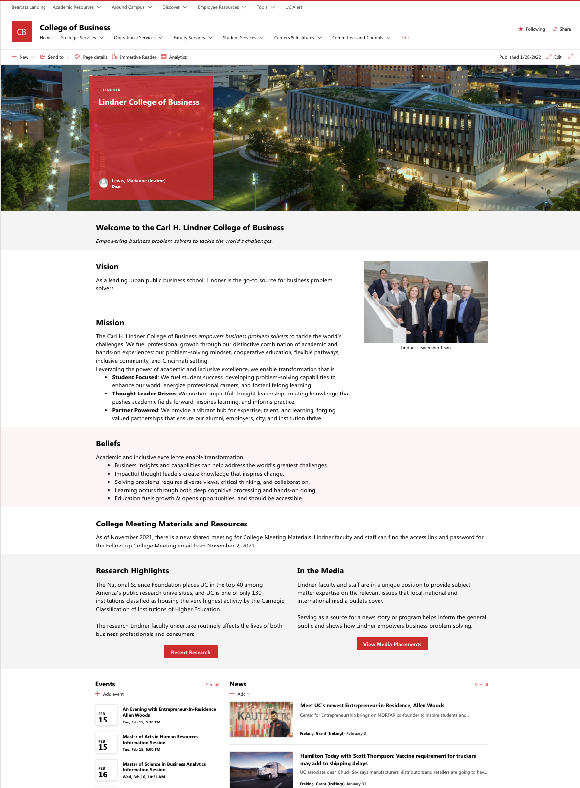 Screenshot of Lindner College of Business homepage on Bearcats Landing