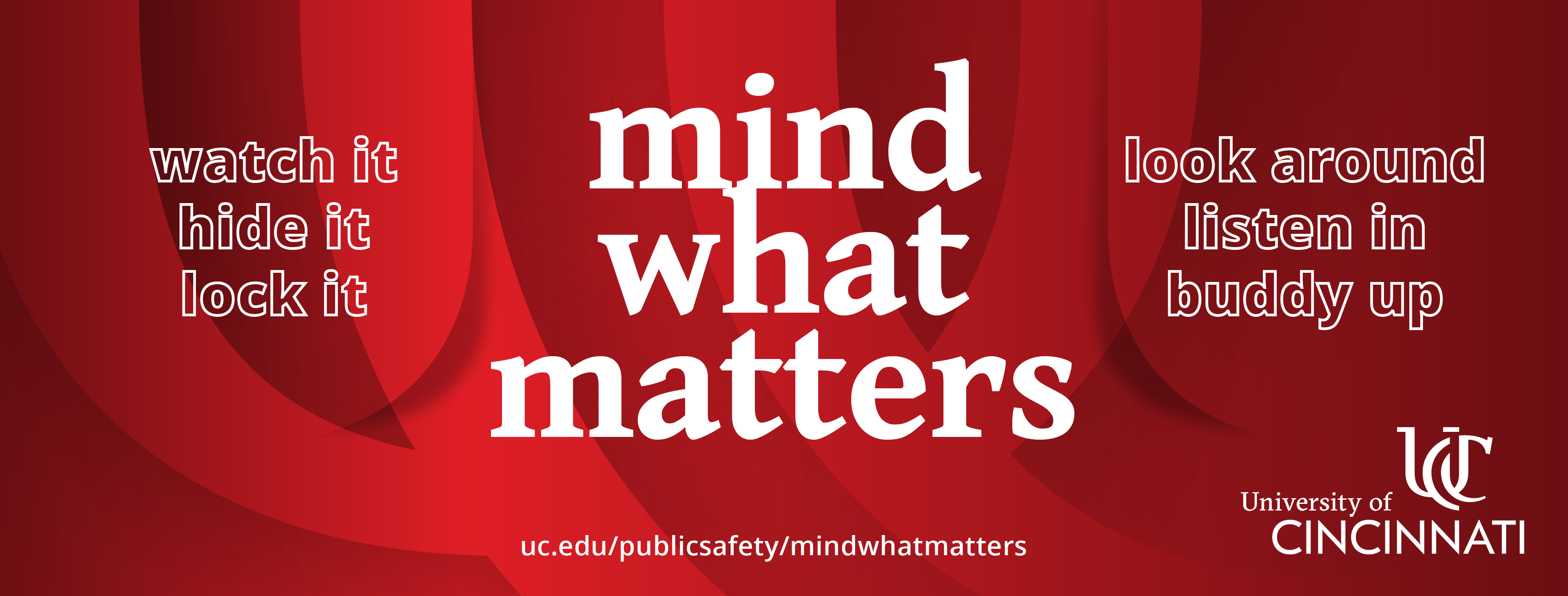 This is a graphic that says "Mind What Matters." "Watch it. Hide it. Lock it. Look around. Listen in. Buddy up."