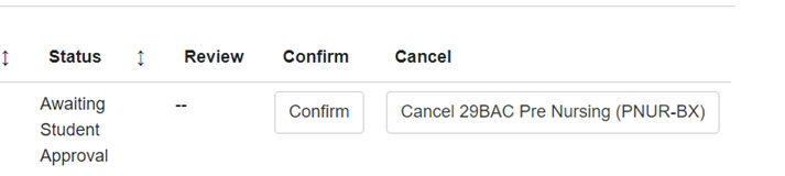 Submissions requiring an action on your part will show a Status of Awaiting Student Approval. You will have two action buttons: Confirm or Cancel.