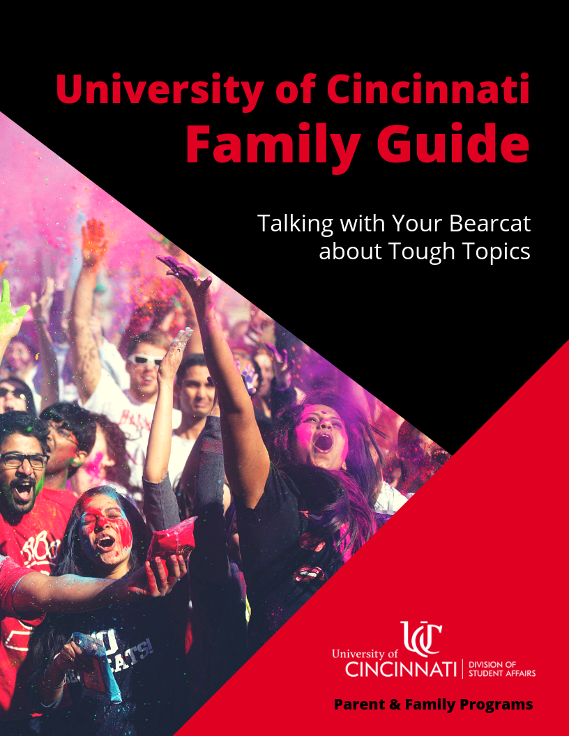 The cover of the print "Family Guide: Talking with Your Bearcat about Tough Topics" - featuring students celebrating at the Holi Festival. 
