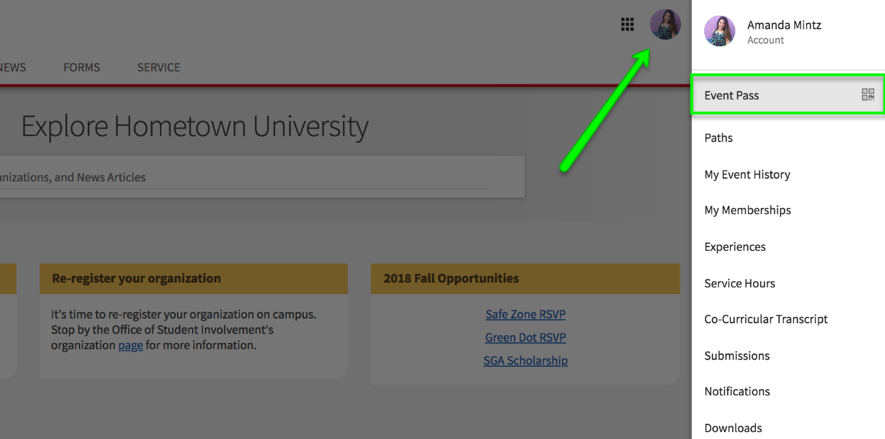 Screen shot of CampusLINK EventPass tab