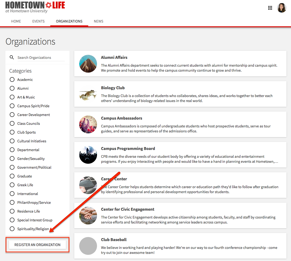 Screen shot of CampusLink Register a New Organization Page
