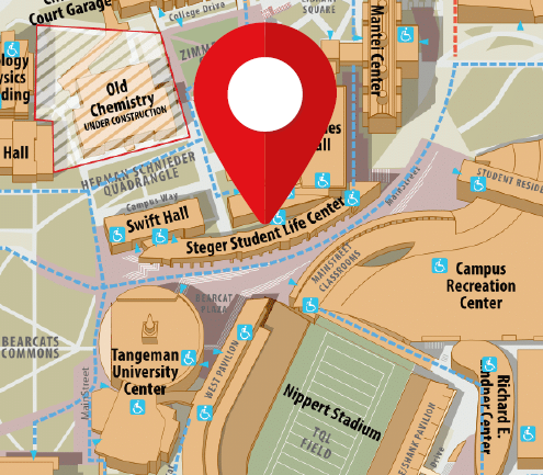Image: A map of UC campus showing the lounge location. Directions: Enter Steger Student Life Center across from CenterCourt dining center. Take the elevator or stairs to the 6th floor. Turn right and go down the hallway past the bathrooms approximately 50 feet to arrive at the Commuter Student Lounge.