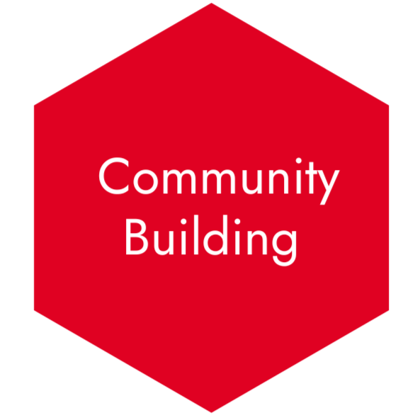 Black hexagon with text reading Belonging & Community Building