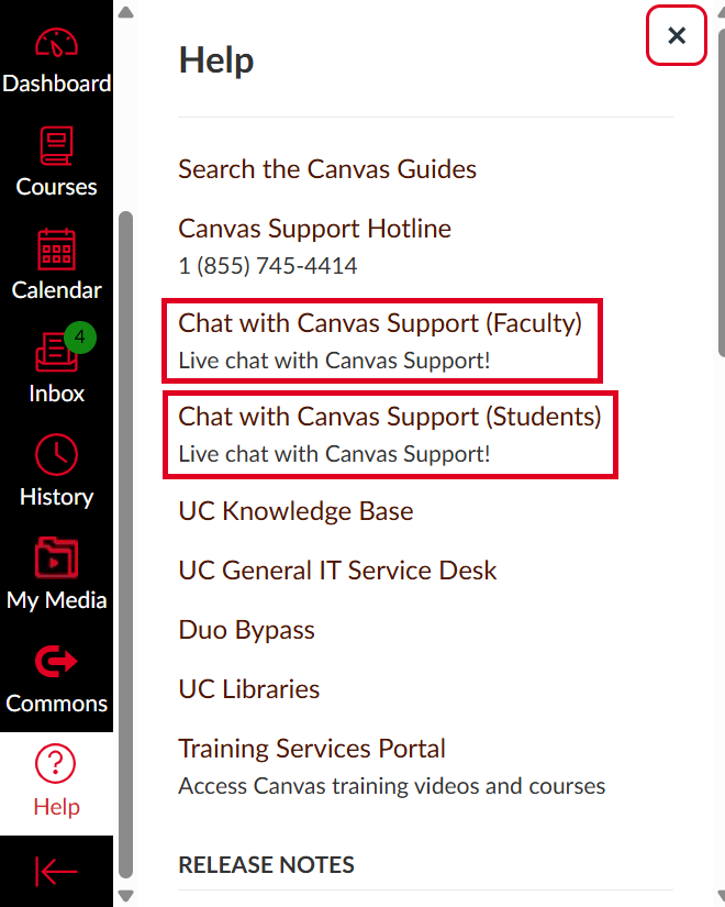 Canvas Help menu showing options for contacting Canvas Support, including 'Chat with Canvas Support (Faculty)' and 'Chat with Canvas Support (Students)', along with other support resources.