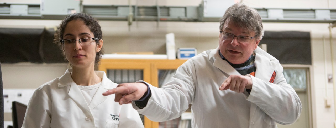 Physics professor Hans-Peter Wagner and his graduate student, Fatemesadat Mohammadi, in his lab, where they work with nano technology.
