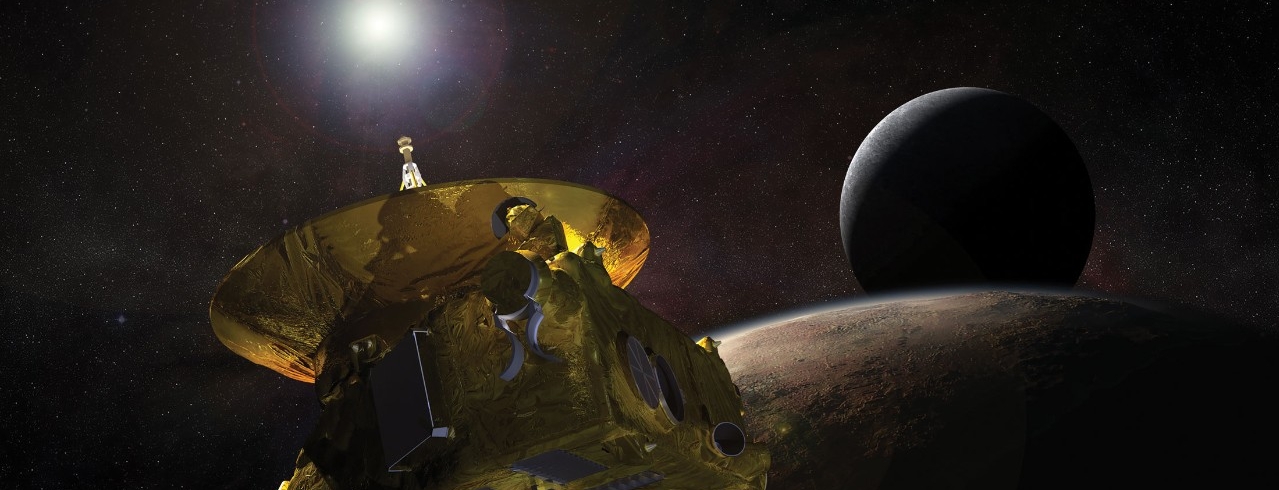 Artist's rendering of the New Horizons spacecraft passing Pluto and its moon Charon