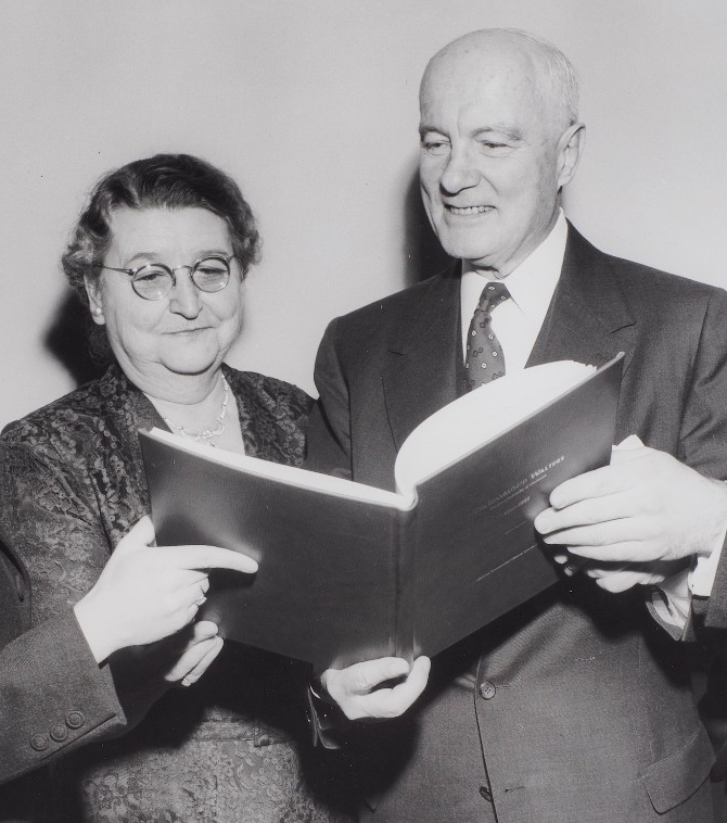 University of Cincinnati Spouses:
Dr. Raymond Walters. Mrs. Elsie Raymond Walters.      Raymond called her “Bob-o-link” but her name was Elsie.  L-R, student Shirley Parsons, Mrs. Walters, Pres Walters, and student Otto Budig.  Archieves and Rare Books

