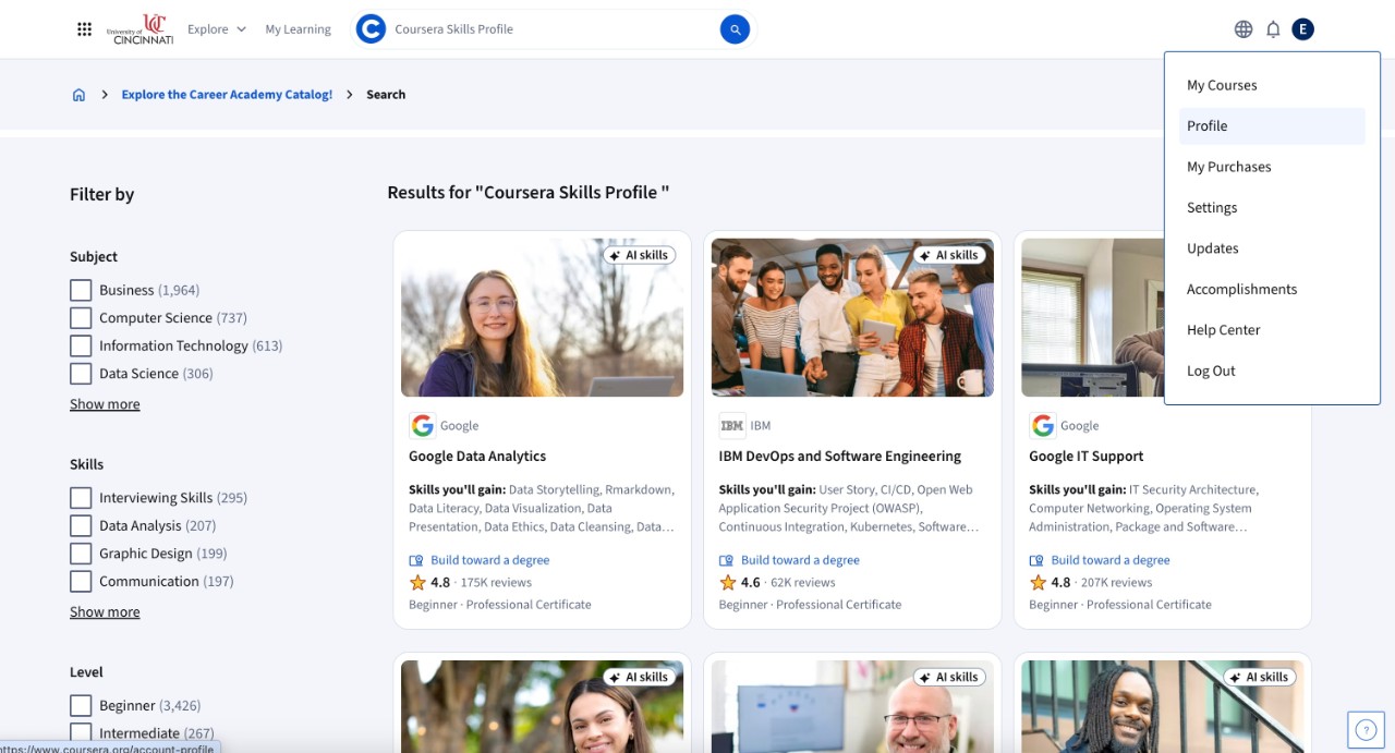 Screenshot of the Coursera website displaying various online courses, including offerings from Google like 'Google Data Analytics' and 'IBM's Data Science and Software Engineering'. The page features user interface elements such as a search bar, course listings, and filter options on the left side. Profile is highlighter in the top right-hand corner. 