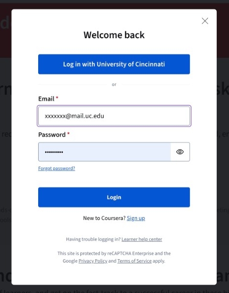 Welcome back login screen from University of Cincinnati, displaying fields for email and password with a 'Login' button. 