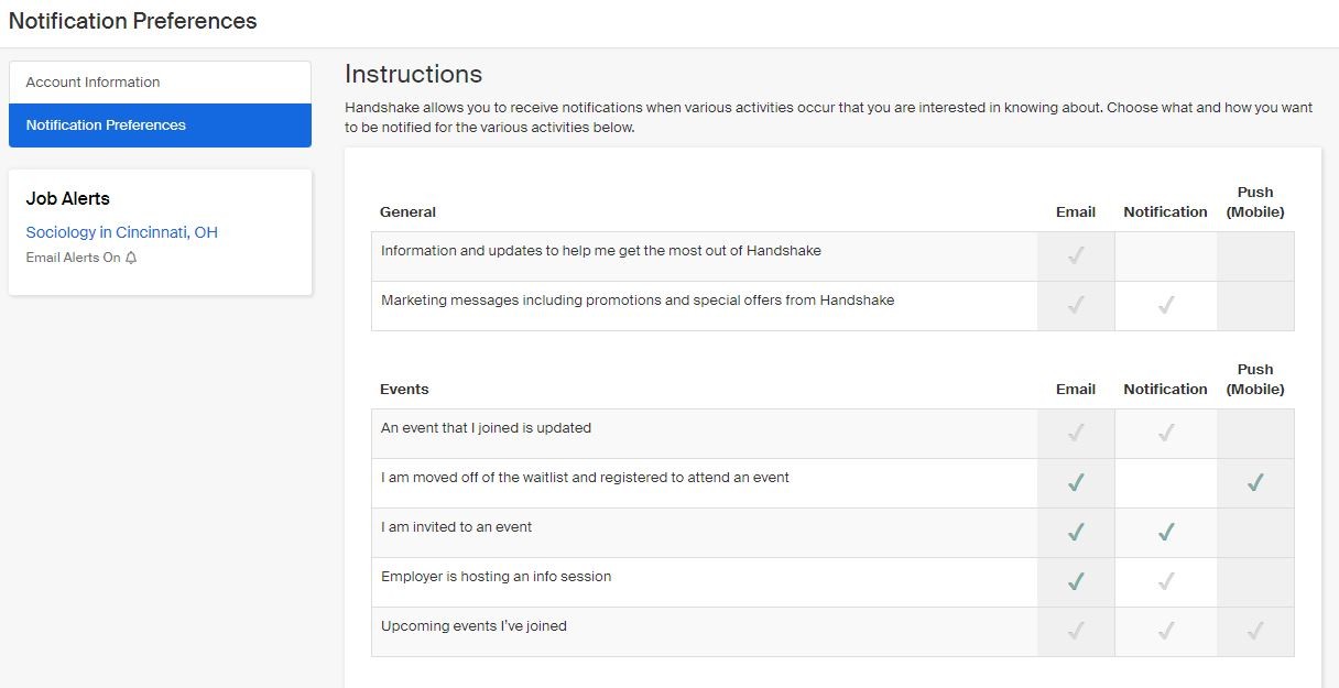 screenshot of Handshake Notification Preferences page