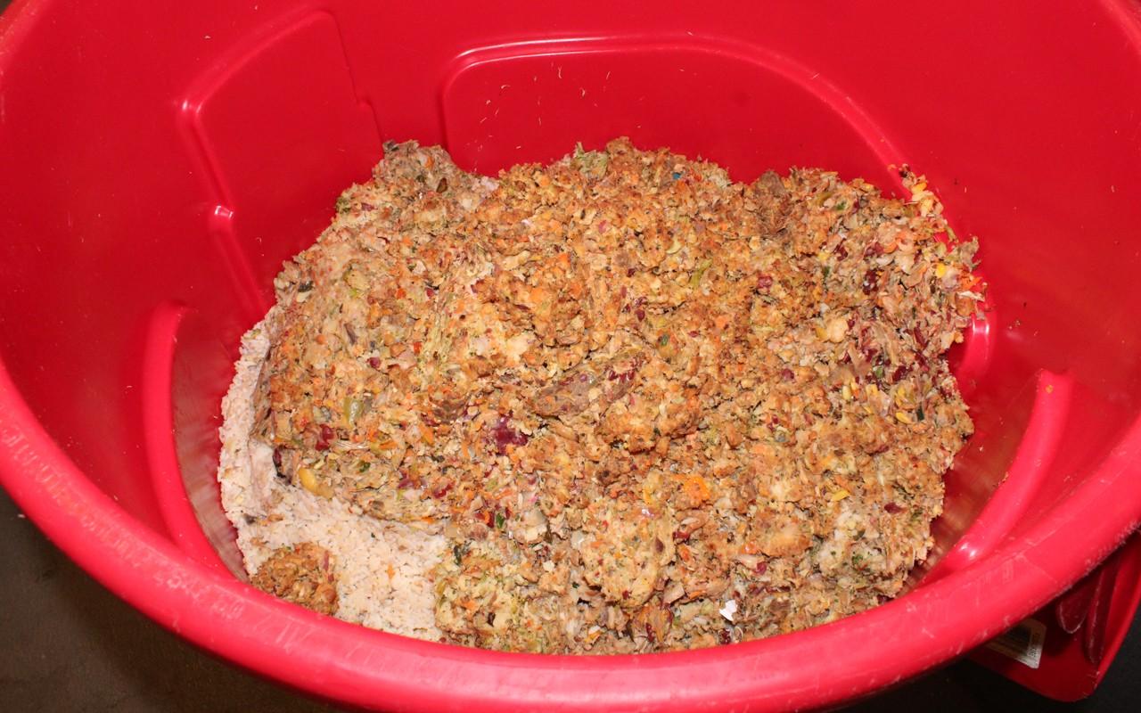 Food waste before it has been processed through a food dehydrator in a large red trashcan.