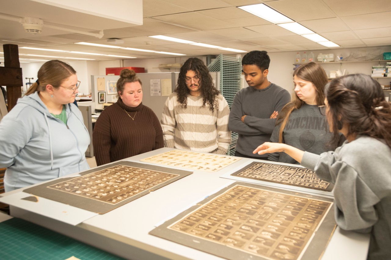 University of Cincinnati professor Christopher Platts honor class visited UC Preservation Lab at Langsam Library. Thursday April 6, 2023. Photos by Joseph Fuqua II