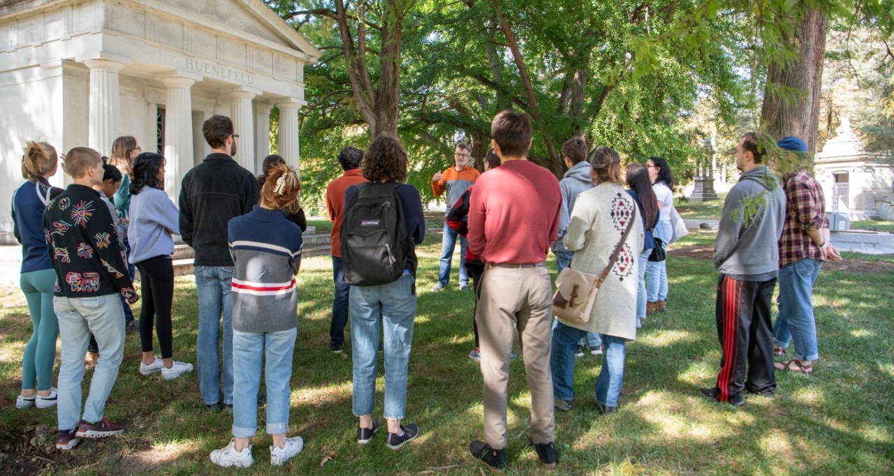 Theresa Culley and Lora Anderson, University of Cincinnati professors lead honors students visit to Spring Grove Cemetery Thursday October 13, 2022. Photos by Joseph Fuqua II