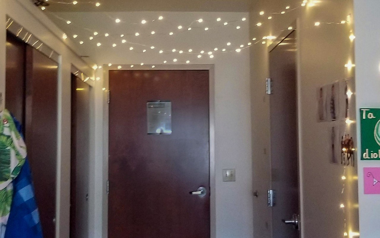 Strands of lights hang from ceiling near door to room