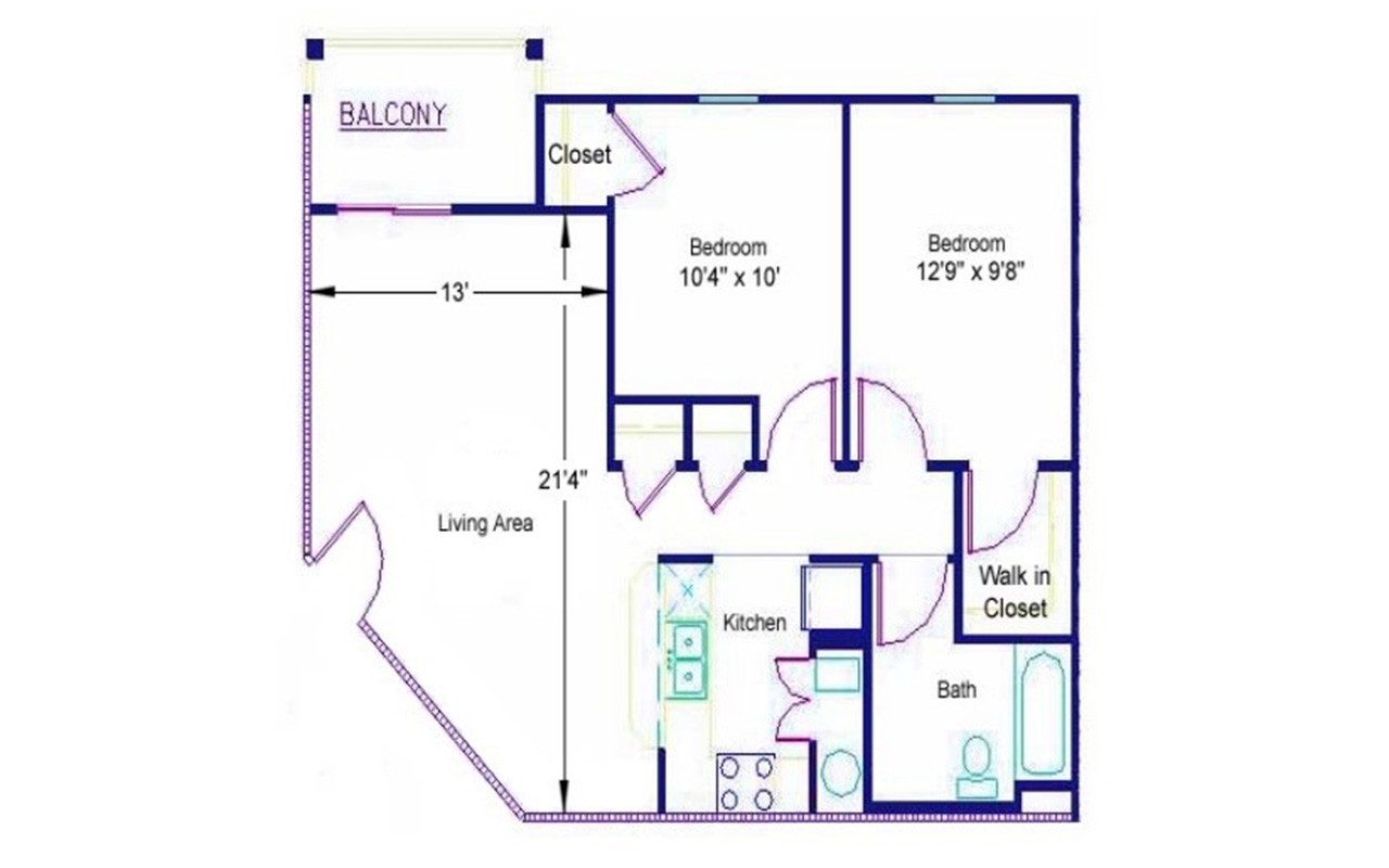 Floor plan of a two bedroom apartment in Bellevue Gardens. The entryway opens into the living room. The kitchen is to the right of the living room. Next to the kitchen is a bathroom. Across from the kitchen are two bedrooms.  The bedroom on the right has a walk-in closet and the bedroom on the left has a standard closet. There is a balcony accessible form the living room.
