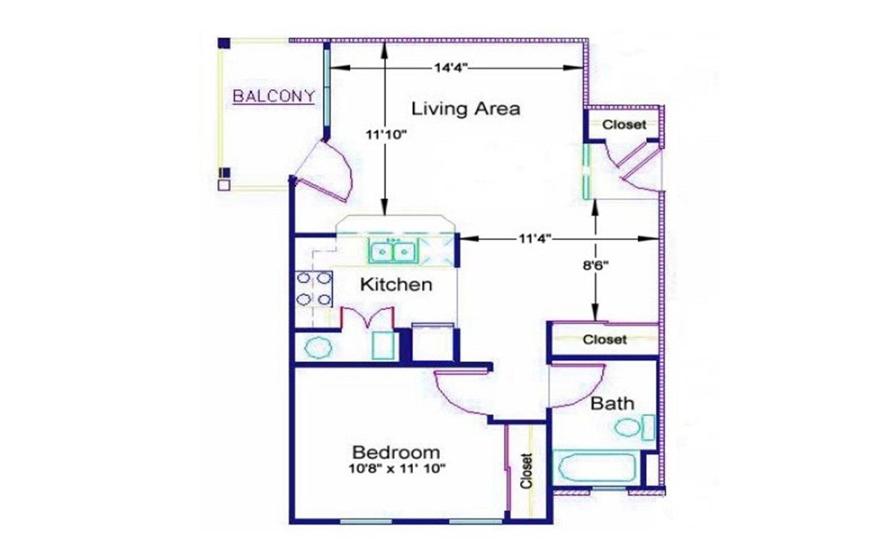 Floor plan of a one bedroom apartment in Bellevue Gardens. To the right of the entryway is a closet. To the left of the entry way is the living room, kitchen, and a closet. Next to the living room is a balcony. Next to the kitchen is a bedroom with a closet. Across from the bedroom is the bathroom. In the kitchen is the laundry area and hot water heater.