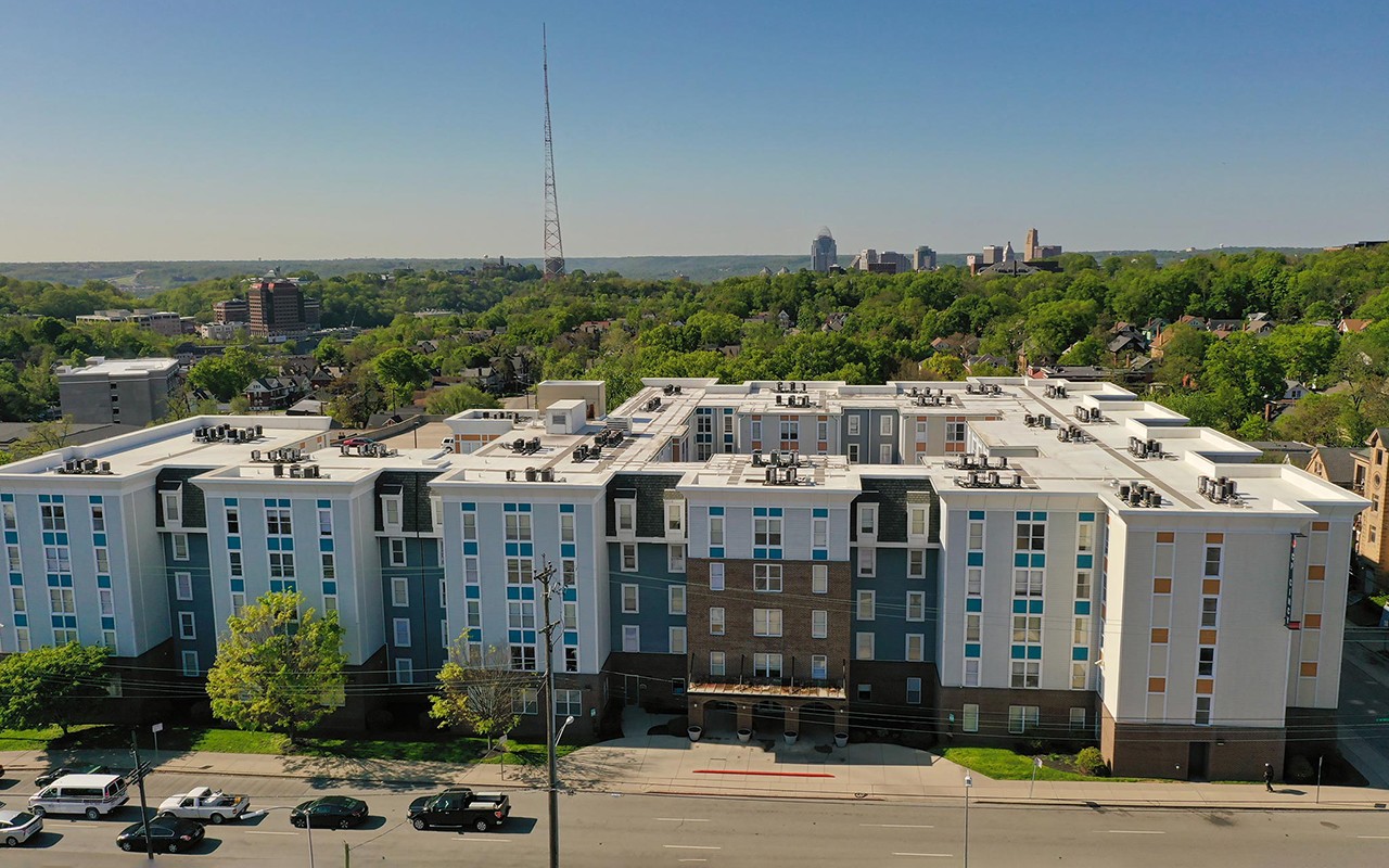 Aerial view with CP Cincy complex in the foreground, and a view of the Cincinnati skyline at the south.
