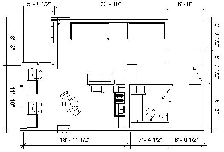 Floor plan of Morgens 2-person room with dimensions showing 2 beds, 2 desks, a full bathroom and a closet