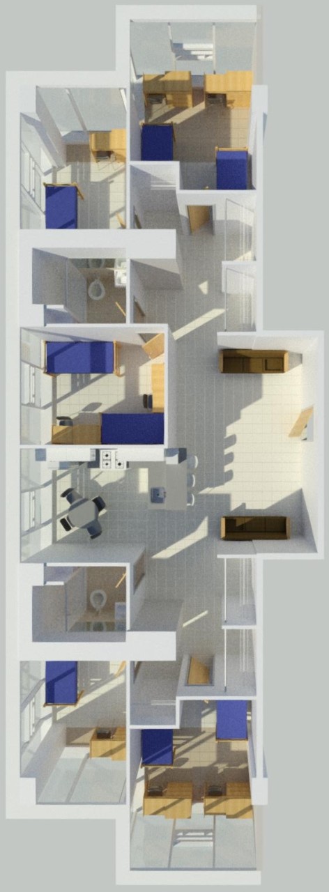 Floor plan of Morgens 8-person room showing 3 bedrooms for 2, each with 2 beds and 2 desks, and 2 single bedrooms with 1 bed and 1 desk, kitchen area with table, common area, 2 full bathrooms and closets