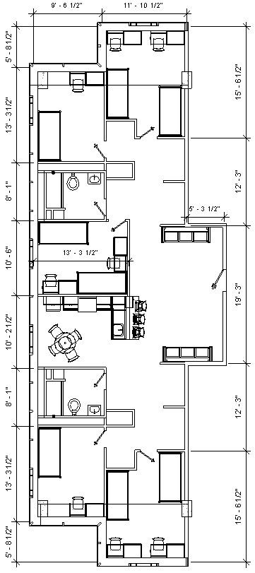 Floor plan of Morgens 8-person room showing 3 bedrooms for 2, each with 2 beds and 2 desks, and 2 single bedrooms with 1 bed and 1 desk, kitchen area with table, common area, 2 full bathrooms and closets