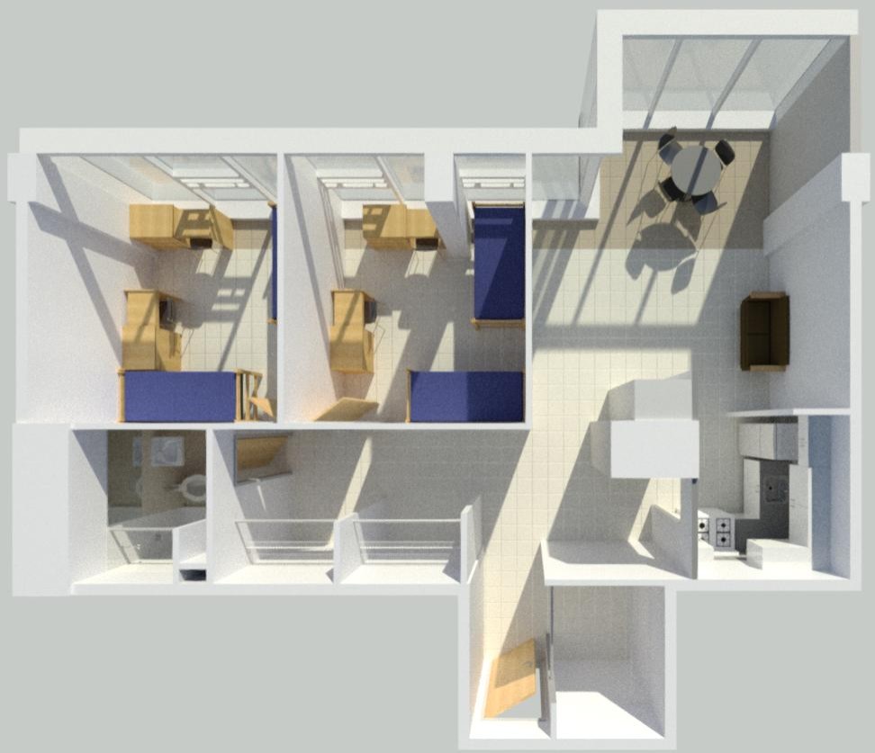 Floor plan of Morgens 4-person room  showing 2 bedrooms, each with 2 beds and 2 desks, kitchen area with table, a full bathroom and a closet