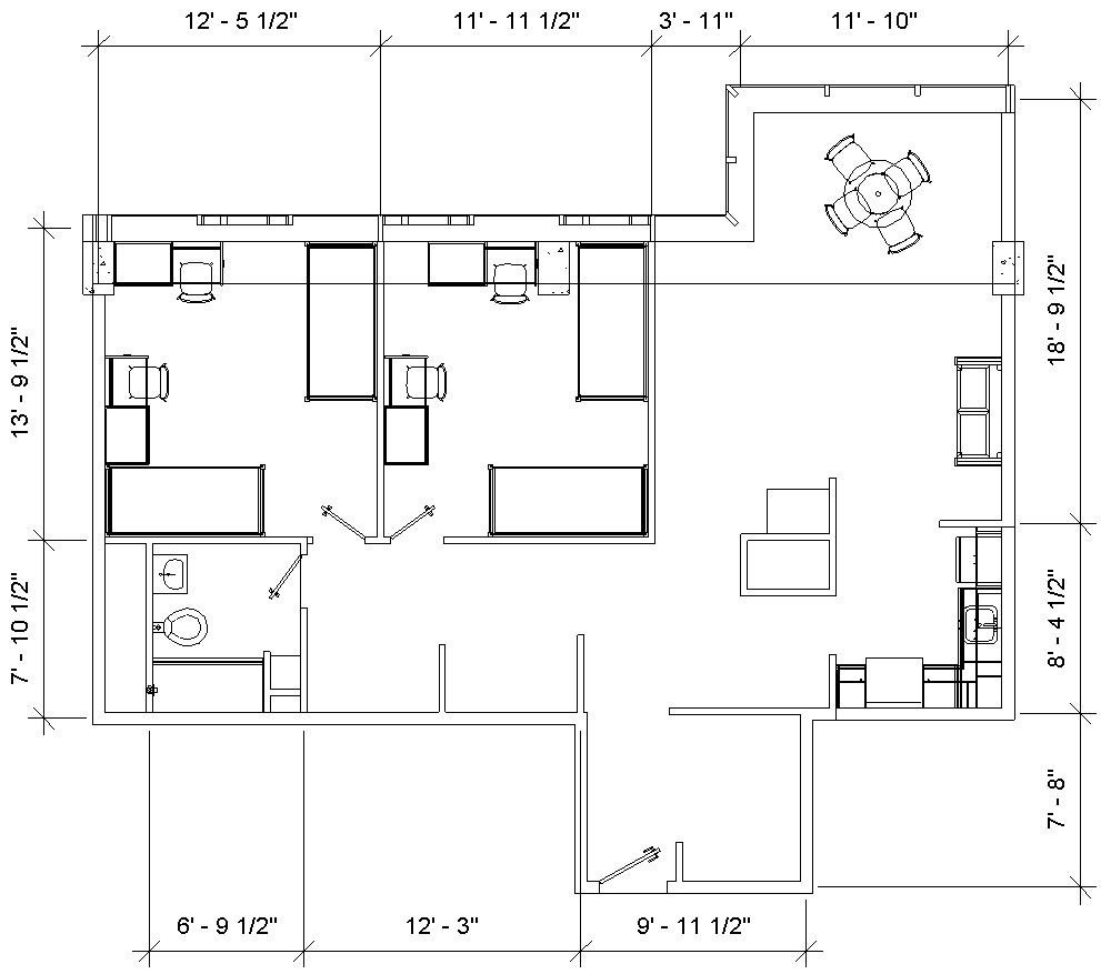 Floor plan of Morgens 4-person room  with dimensions showing 2 bedrooms, each with 2 beds and 2 desks, kitchen area with table, a full bathroom and a closet