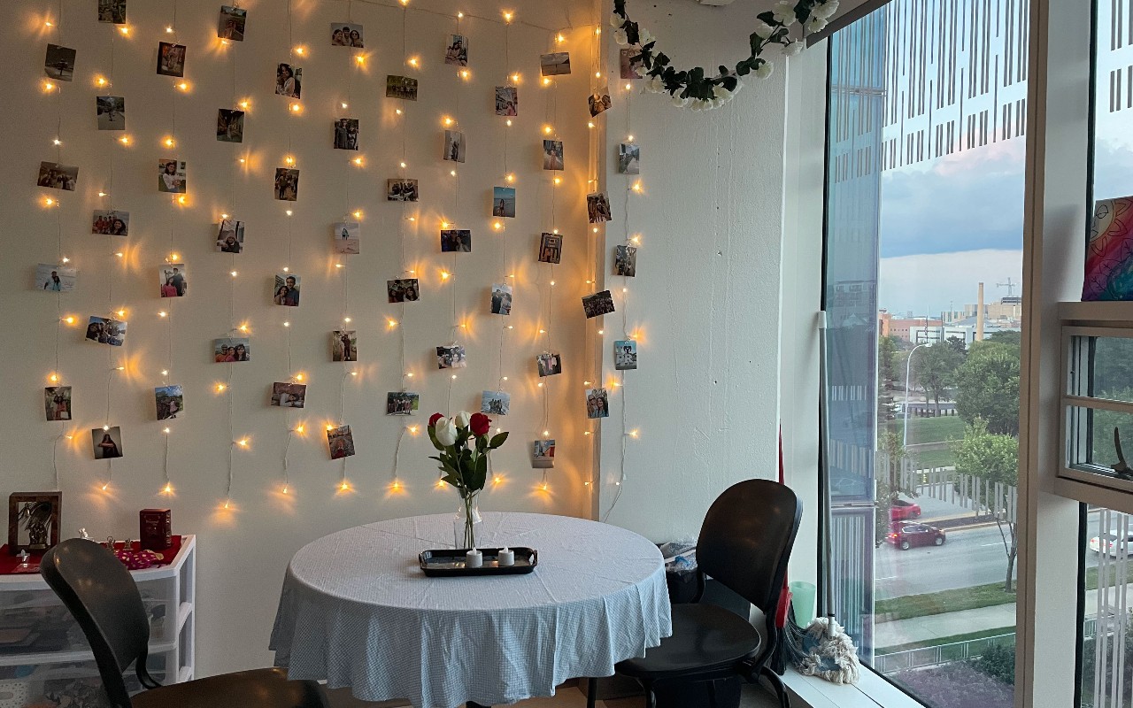 Morgens Hall dining table and pictures on walls