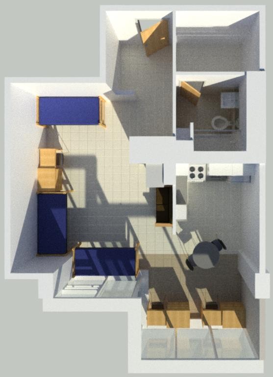 Floor plan of Morgens 3-person room  showing 3 beds, 3 desks, kitchen area with table, a full bathroom and a closet