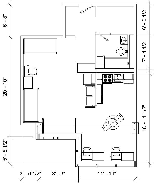Floor plan of Morgens 3-person room  with dimensions showing 3 beds, 3 desks, kitchen area with table, a full bathroom and a closet