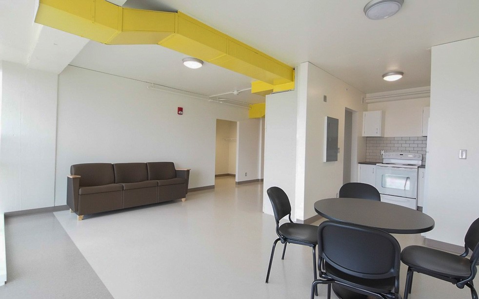 Common area and kitchen in two person studio in Morgens Hall.