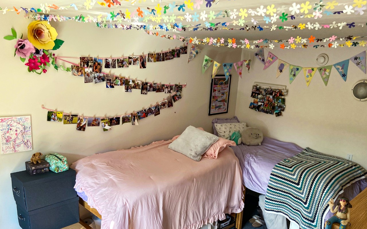 Turner Dorm room decorated with streamers and polaroid pictures 