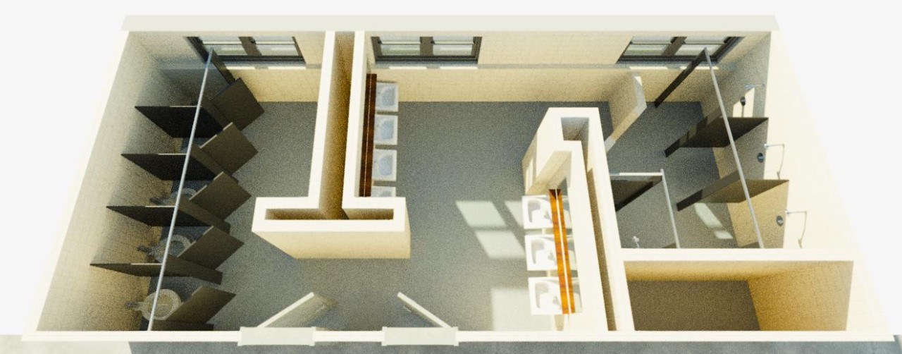 Overhead drawing of common bathroom in Dabney Hall showing 5 toilet stalls, 7 sinks and 3 shower stalls