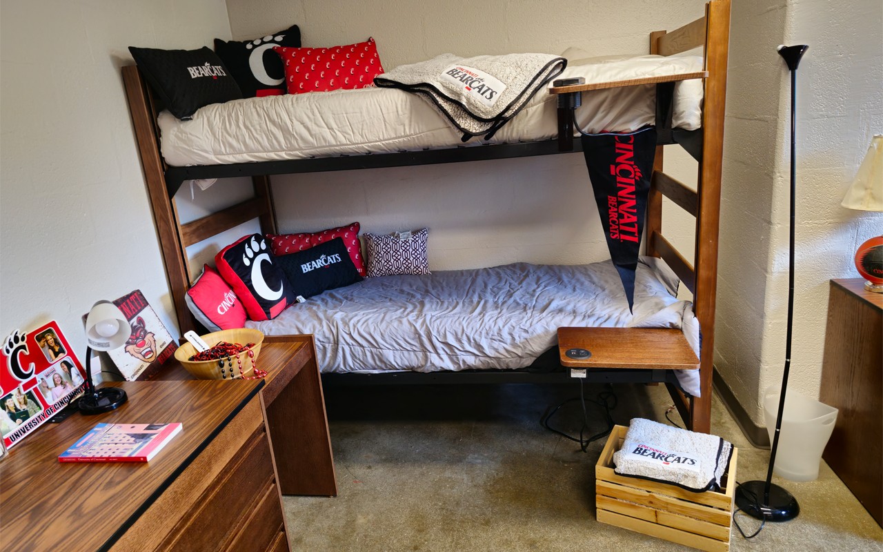 Bunked bed showing dresser one either side in double room in Dabney Hall.