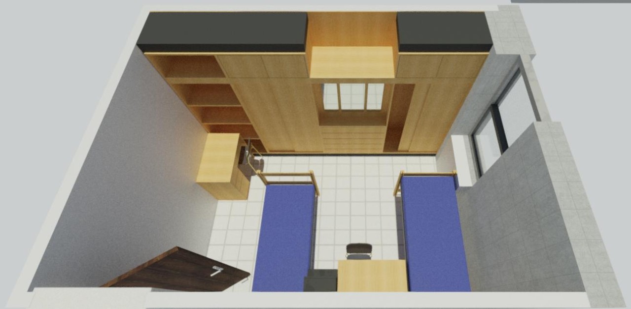 Floor plan of Daniels 2-person room showing 2 beds, 2 desks and 2 closets