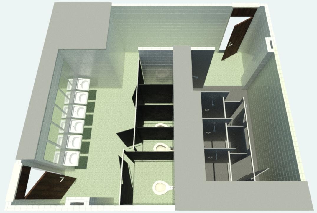 Floor plan of Daniels common bathroom showing 5 toilet stalls, 6 sinks and 3 shower stalls