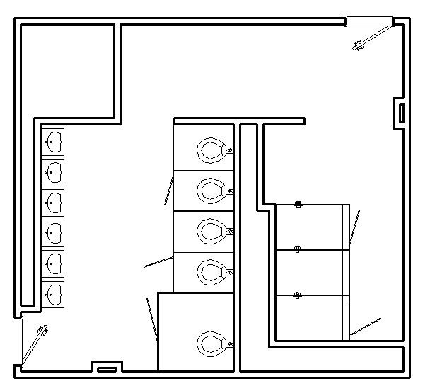 Floor plan of Daniels common bathroom showing 5 toilet stalls, 6 sinks and 3 shower stalls