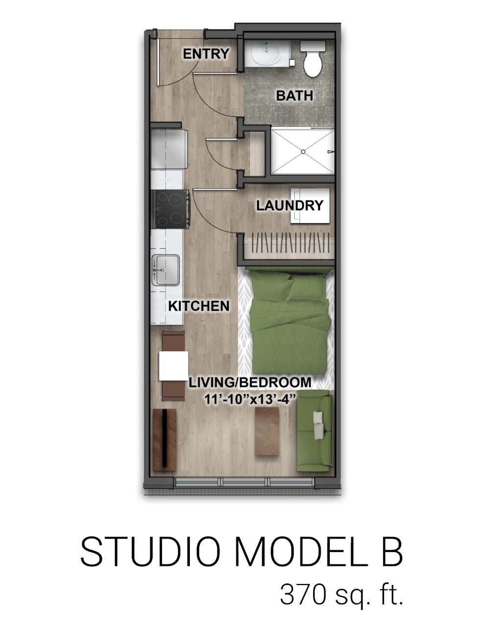 Floor plan of Eden Studio model B with 370 sq ft, including a bathroom, laundry area, and an open bedroom, kitchen and living room.