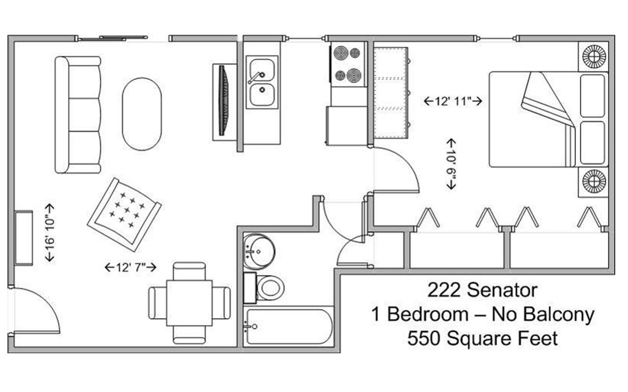 Floor plan of a one bedroom apartment in Senator Place. The entryway opens into an open plan living room and kitchen. Across from the kitchen is a bathroom. Next tot he kitchen is a bedroom with two closets.