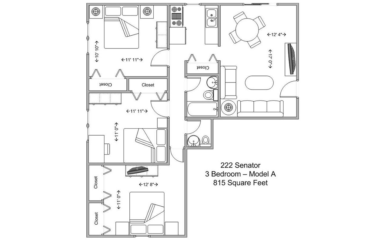 Floor plan of a three bedroom apartment in Senator Place. The entryway opens into an open plan living room and kitchen. Across from the kitchen is a closet. Down the hallway across from the kitchen is a full bathroom on the left. Next to the full bathroom is a half bathroom. Across from the bathrooms are three bedrooms. Two of the bedrooms have one standard closet.  The third bedroom has two standard closets.