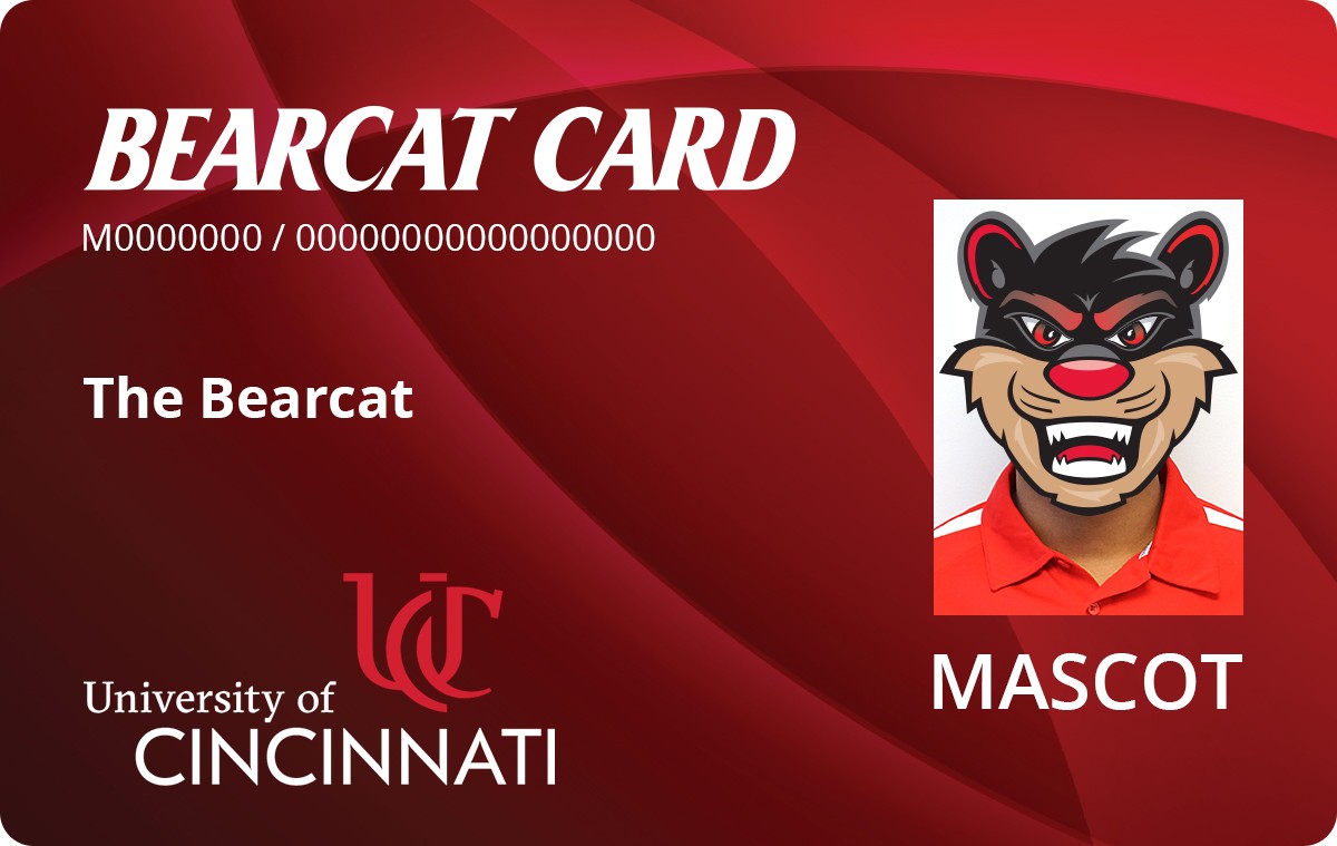 University of Cincinnati identification card includes university logo, the Bearcat Card graphic, and a cartoon image of the Bearcat mascot in the photo area.