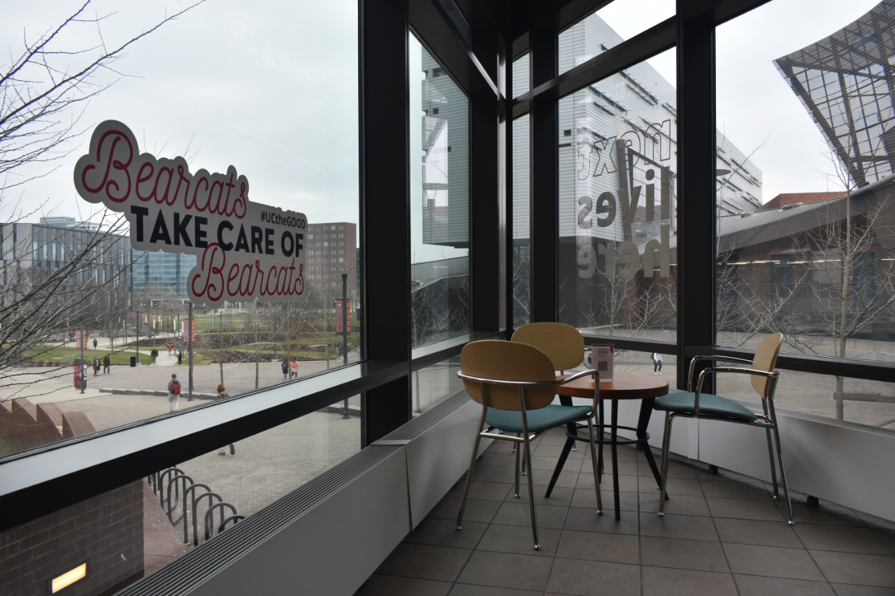 Looking out of the Student Wellness Center toward UC MainStreet